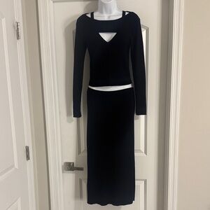 Chic Black Cutout Long Sleeve Top/Maxi Skirt Set